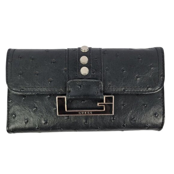 Guess Y2K Black Faux Ostrich Tri-Fold Wallet Clutch - Picture 1 of 11